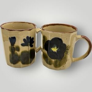 Vtg Otagiri Stoneware Brown Speckled Floral Mugs Hexagonal Set 2 Mugs Cups 1970s